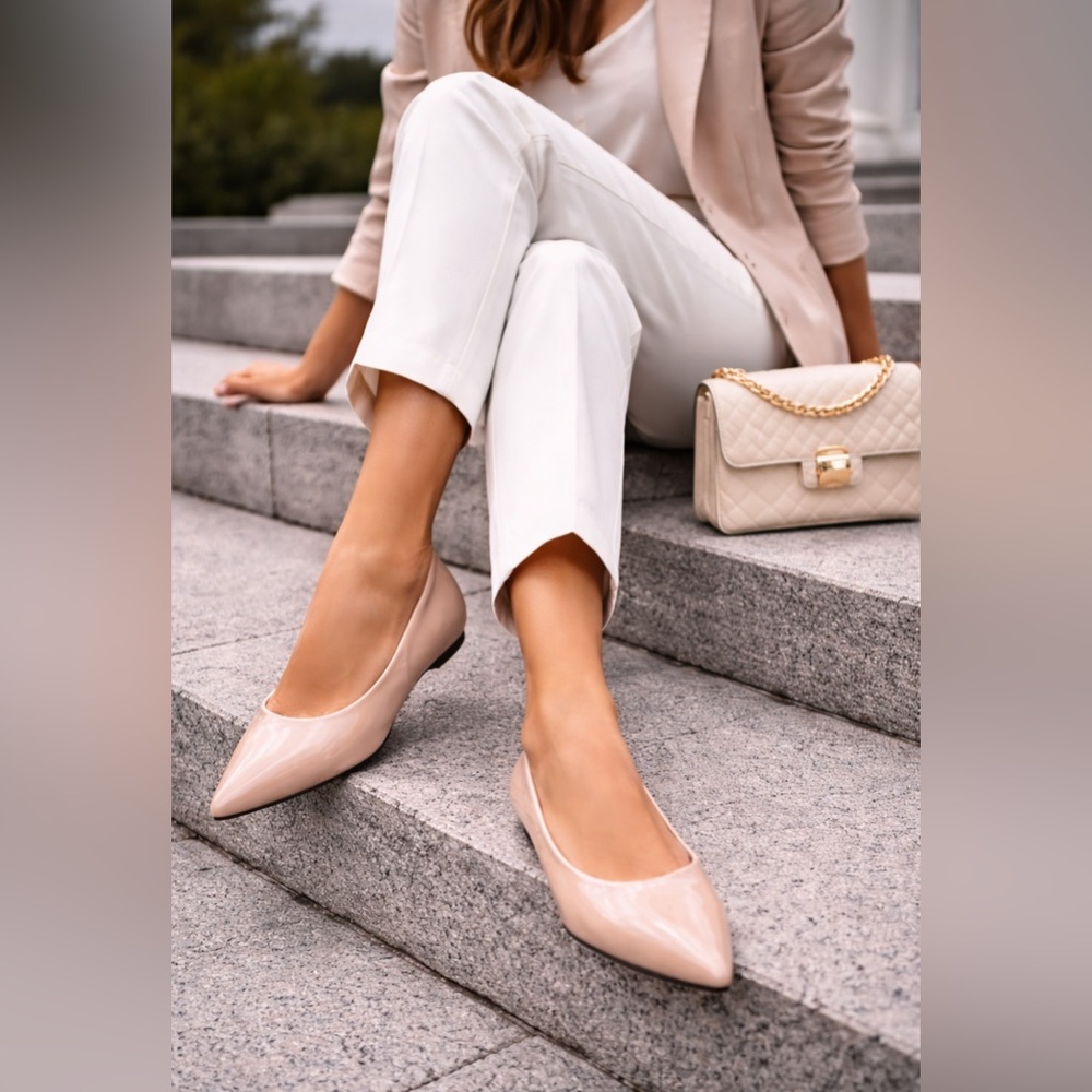 ✨ Nude Patent Pointed Toe‎ Flats Size 37 Elegant Minimal Chic New Box ✨